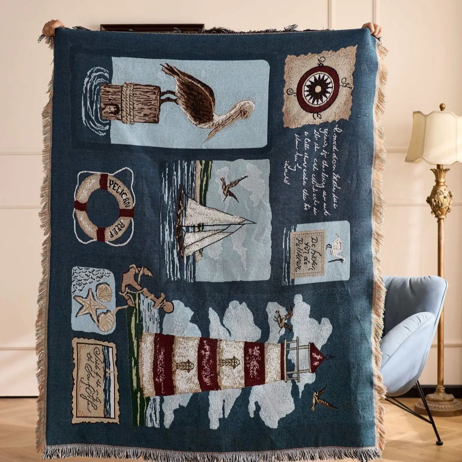 Vintage Nautical Lighthouse Throw Blanket Coastal Pelican Sailboat Woven Tapestry with Fringe Retro Ocean Themed Decor Throw
Vintage Nautical Lighthouse Throw Blanket Coastal Pelican Sailboat Woven Tapestry with Fringe Retro Ocean Themed Decor Throw