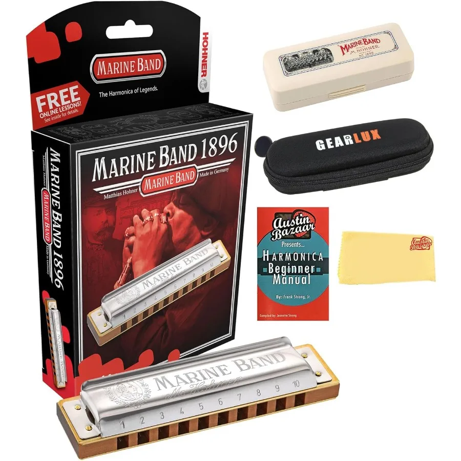 Hohner Marine Band 1896 Classic Harmonica in Key of Bb with Carrying Case Zip Case Instructional Manual and Austin Bazaar Polis
Hohner Marine Band 1896 Classic Harmonica in Key of Bb with Carrying Case Zip Case Instructional Manual and Austin Bazaar Polis