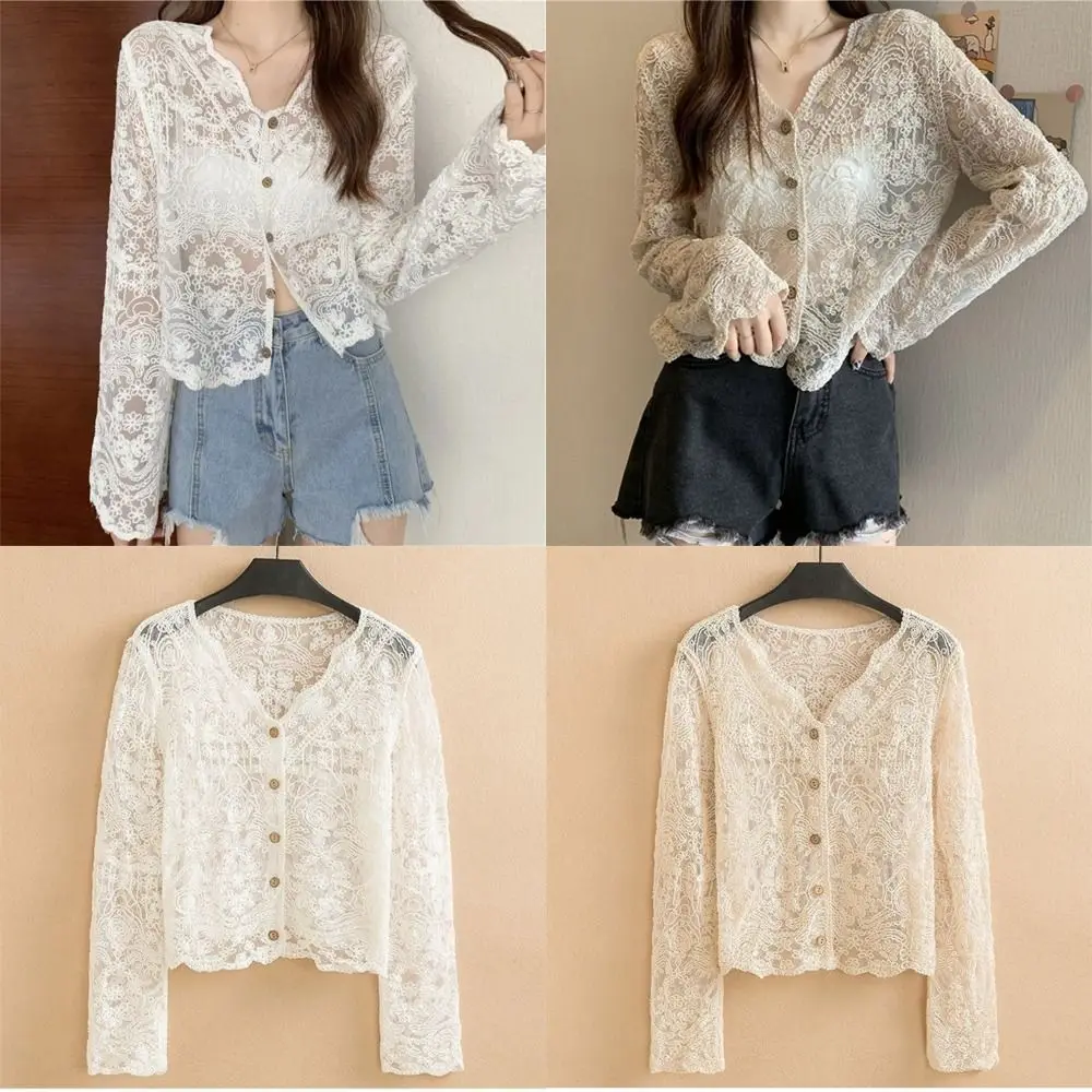 Korean Style V-Neck Crochet Top Button Down Long Sleeve Flare Blouse Cropped See Through Sheer Blouse for Spring Summer Autumn
Korean Style V-Neck Crochet Top Button Down Long Sleeve Flare Blouse Cropped See Through Sheer Blouse for Spring Summer Autumn