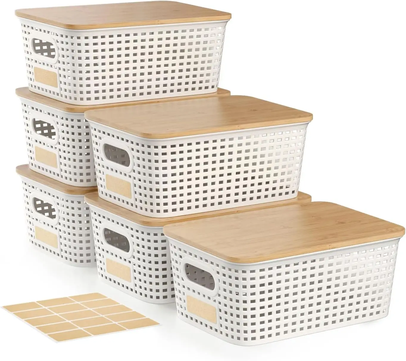 Stackable Plastic Storage Bins with Bamboo Lid - 6-Pack Organizer Set for Shelves, Cabinet, Office Drawer (10x7x4in)
Stackable Plastic Storage Bins with Bamboo Lid - 6-Pack Organizer Set for Shelves, Cabinet, Office Drawer (10x7x4in)