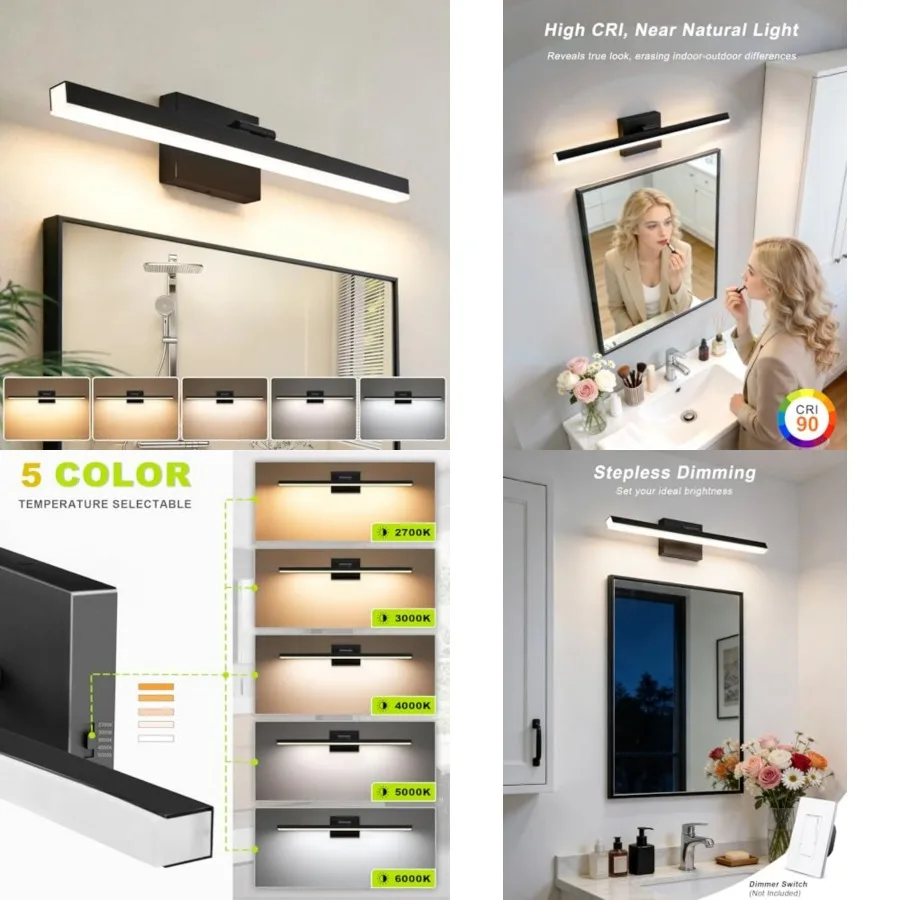 Modern Bathroom Vanity Light, Rotatable, 16W Dimmable Led Bathroom Light Fixture Over Mirror, Black Vanity Light Bar 5 Color Te
Modern Bathroom Vanity Light, Rotatable, 16W Dimmable Led Bathroom Light Fixture Over Mirror, Black Vanity Light Bar 5 Color Te