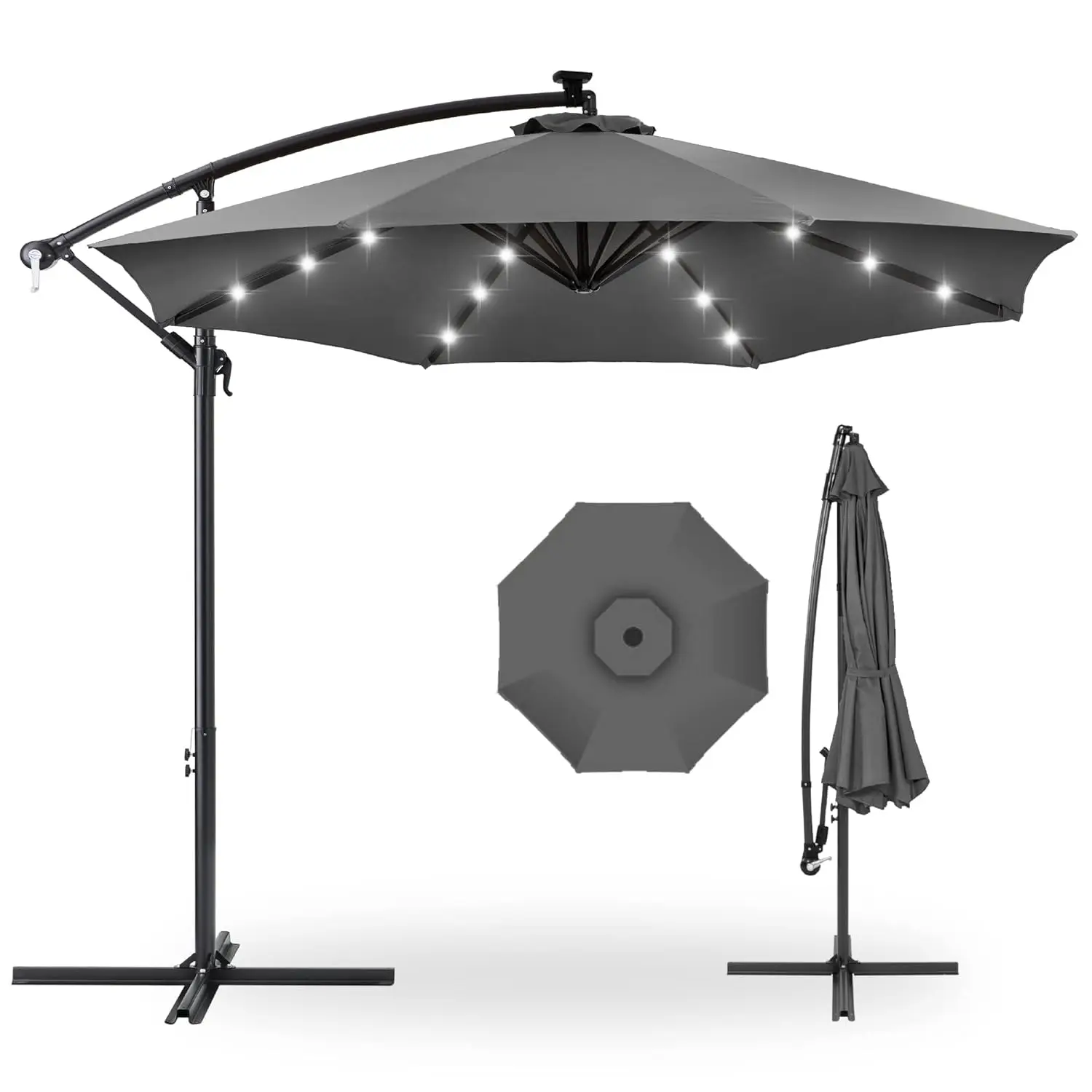 10ft Solar LED Offset Cantilever Hanging Market Patio Umbrella, 8 Sturdy Ribs, Easy Adjustment - Gray, Customized
10ft Solar LED Offset Cantilever Hanging Market Patio Umbrella, 8 Sturdy Ribs, Easy Adjustment - Gray, Customized