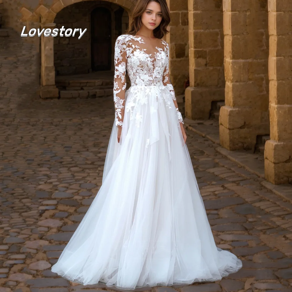 Customized Elegant Modern Wedding Dresses Lace Appliques A Line Bride Dress Long Sleeve Tulle Illusion Gowns Vestido De Novia
Customized Elegant Modern Wedding Dresses Lace Appliques A Line Bride Dress Long Sleeve Tulle Illusion Gowns Vestido De Novia