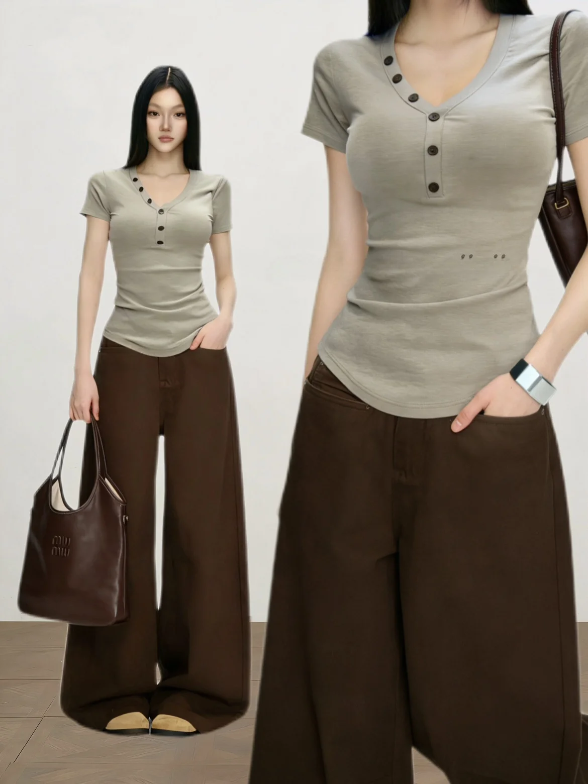 High Waist Knife Pants Set with V-Neck Short Sleeve Henry Shirt American Spicy Girl Fashion Retro Style for Young Women
High Waist Knife Pants Set with V-Neck Short Sleeve Henry Shirt American Spicy Girl Fashion Retro Style for Young Women
