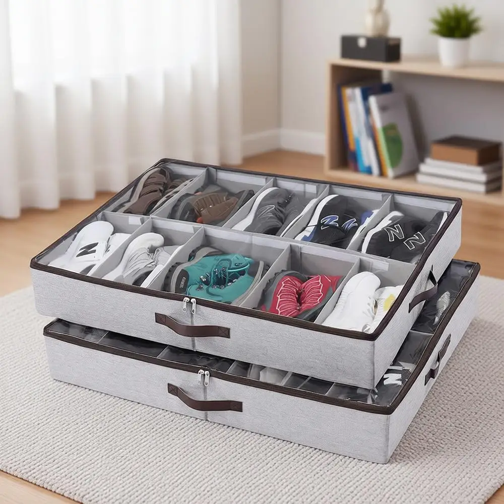 Серый органайзер для обуви с регулируемыми разделителями (2 шт.) и кожаными ручками, вмещает 24 пары
Серый органайзер для обуви с регулируемыми разделителями (2 шт.) и кожаными ручками, вмещает 24 пары