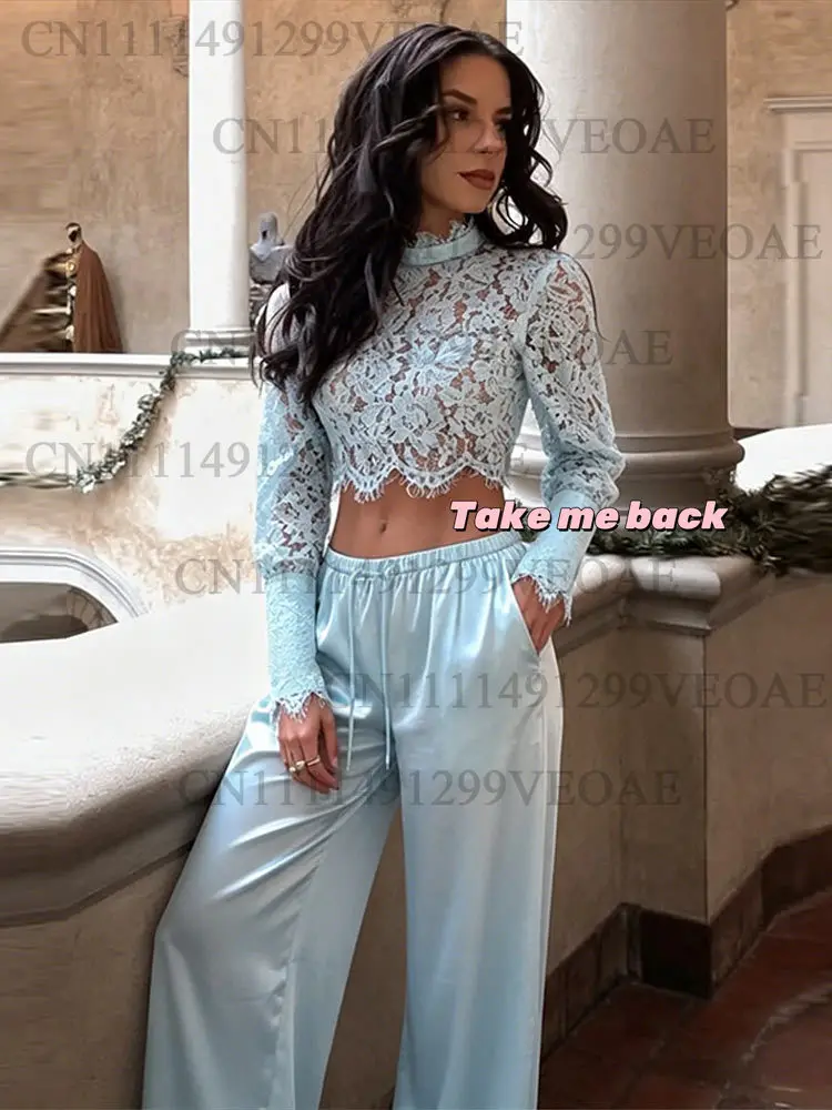 Sexy Lace Hollow Out Top 2026 Spring Summer Women Trousers Top Fashion Flower Mock Neck Long Sleeve Sheer Satin Wide Leg Pants
Sexy Lace Hollow Out Top 2026 Spring Summer Women Trousers Top Fashion Flower Mock Neck Long Sleeve Sheer Satin Wide Leg Pants