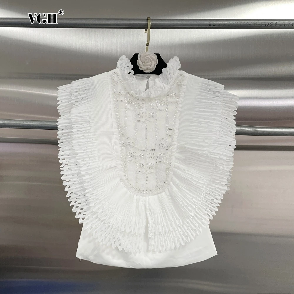 VGH Luxurious Dinner Patchwork Ruffles Shirts for Women Stand Collar Sleeveless Patchwork Sequins Temperament Blouses Female New
VGH Luxurious Dinner Patchwork Ruffles Shirts for Women Stand Collar Sleeveless Patchwork Sequins Temperament Blouses Female New