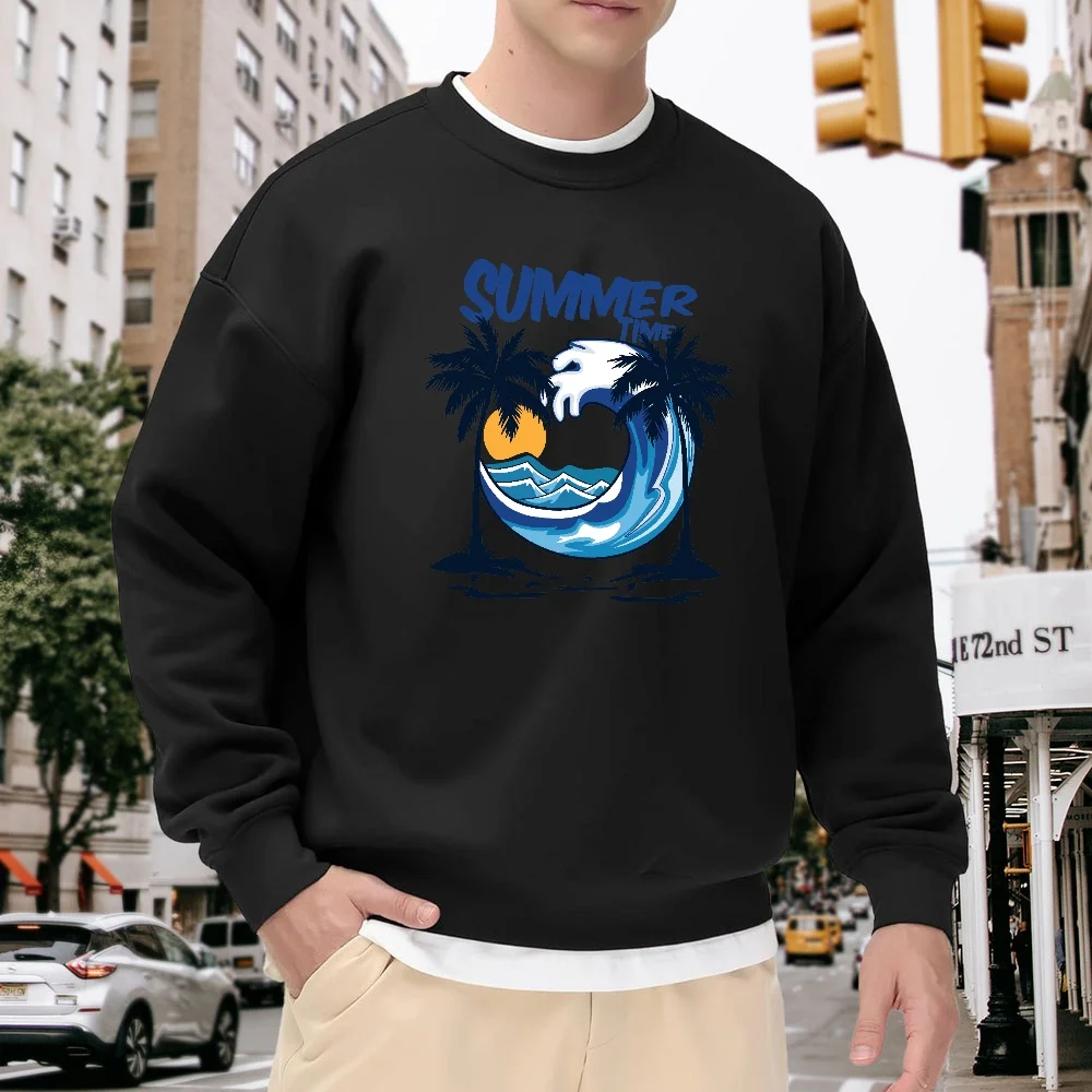 Men's Black Round-Neck Long-Sleeved Sweatshirt with Summer Sea Wave and Coconut Tree Print Pattern, Loose Casual Street Style Top, Versatile and Comfortable Pullover for Everyday Wear
Men's Black Round-Neck Long-Sleeved Sweatshirt with Summer Sea Wave and Coconut Tree Print Pattern, Loose Casual Street Style Top, Versatile and Comfortable Pullover for Everyday Wear