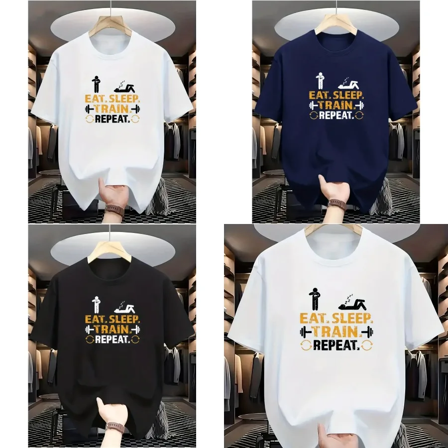 【Good quality】Full of Fitness Vitality! "EAT. SLEEP. TRAIN. REPEAT." Text and Fitness Elements Printed White Short Sleeve T-Shi
【Good quality】Full of Fitness Vitality! "EAT. SLEEP. TRAIN. REPEAT." Text and Fitness Elements Printed White Short Sleeve T-Shi