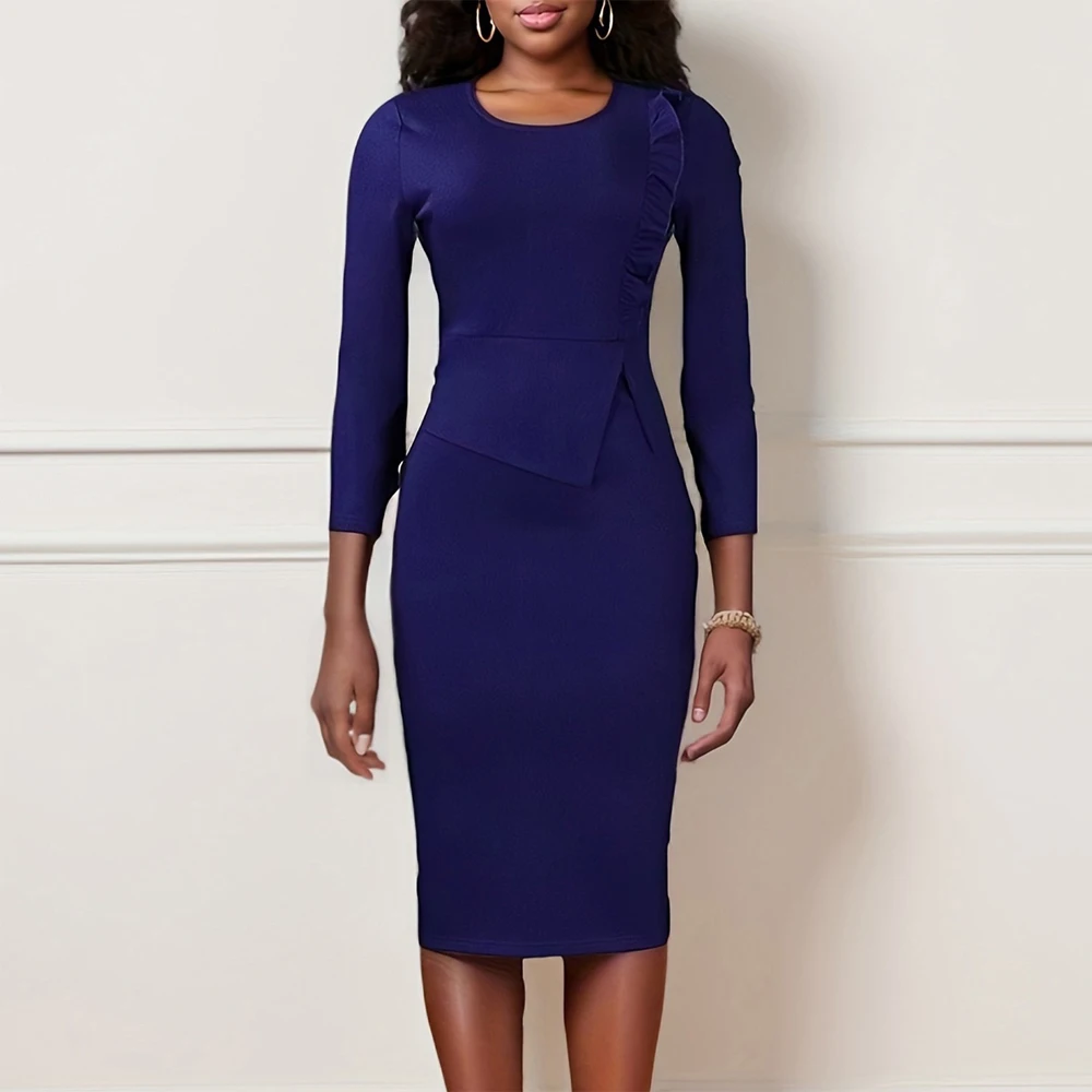 Elegant Bodycon Dresses for Women Round Neck Full Sleeve Ruffles Sheath Package Hips Mid Calf Professional Business Work Dress
Elegant Bodycon Dresses for Women Round Neck Full Sleeve Ruffles Sheath Package Hips Mid Calf Professional Business Work Dress