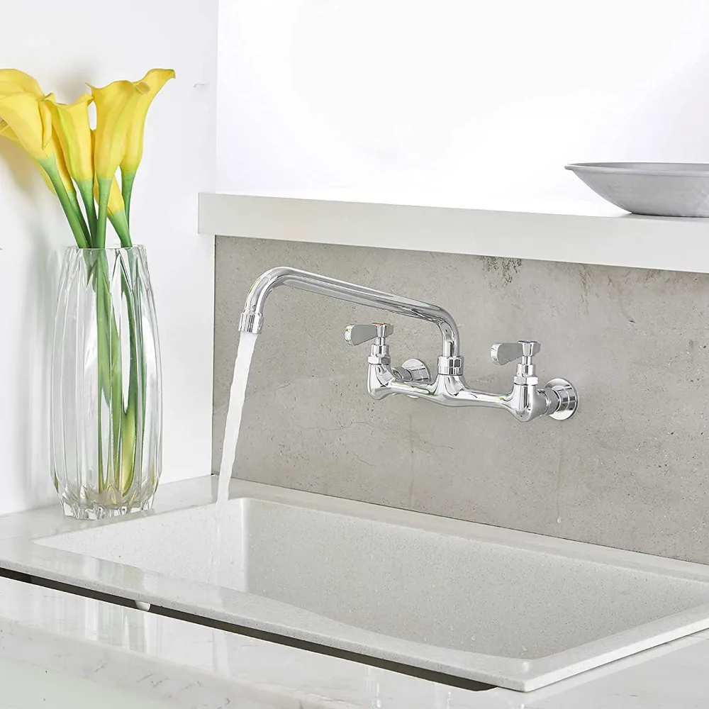 Commercial Kitchen Faucet, Wall Mount, 12-Inch Swivel Spout, Dual Handle, Chrome Mixer Tap, Heavy Duty Brass
Commercial Kitchen Faucet, Wall Mount, 12-Inch Swivel Spout, Dual Handle, Chrome Mixer Tap, Heavy Duty Brass