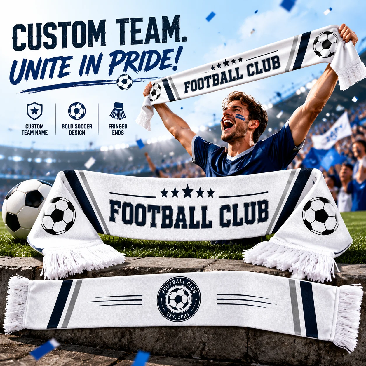 Customized Team Pride Scarf - "Together We Win" Design Soccer Fan Scarf with Tassels for Stadium Support
Customized Team Pride Scarf - "Together We Win" Design Soccer Fan Scarf with Tassels for Stadium Support