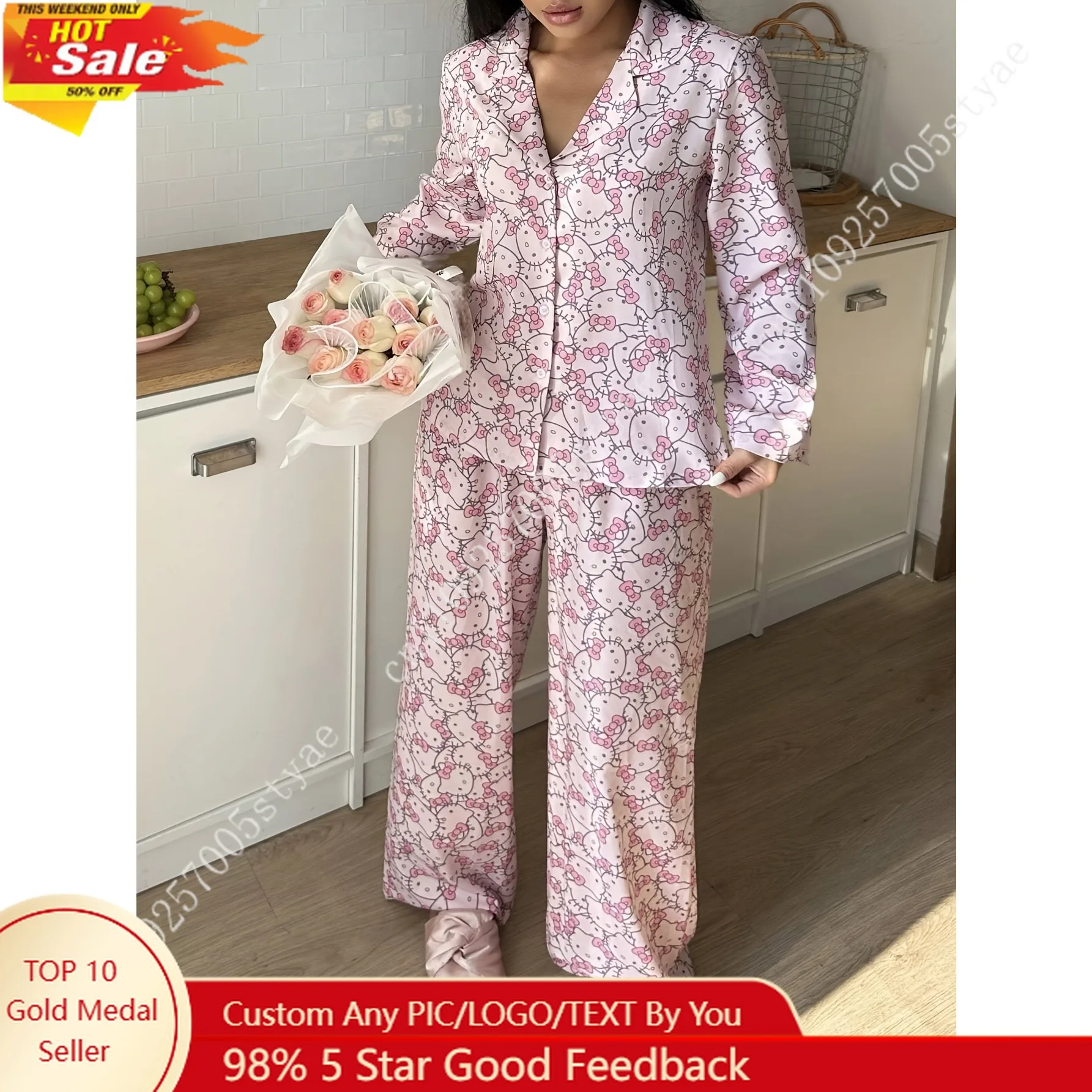 2pcs Hello Kitty Women'S Collared Printed Open Placket Button-Up Long Sleeve Pajama and Elastic Waist Long Pants Set
2pcs Hello Kitty Women'S Collared Printed Open Placket Button-Up Long Sleeve Pajama and Elastic Waist Long Pants Set
