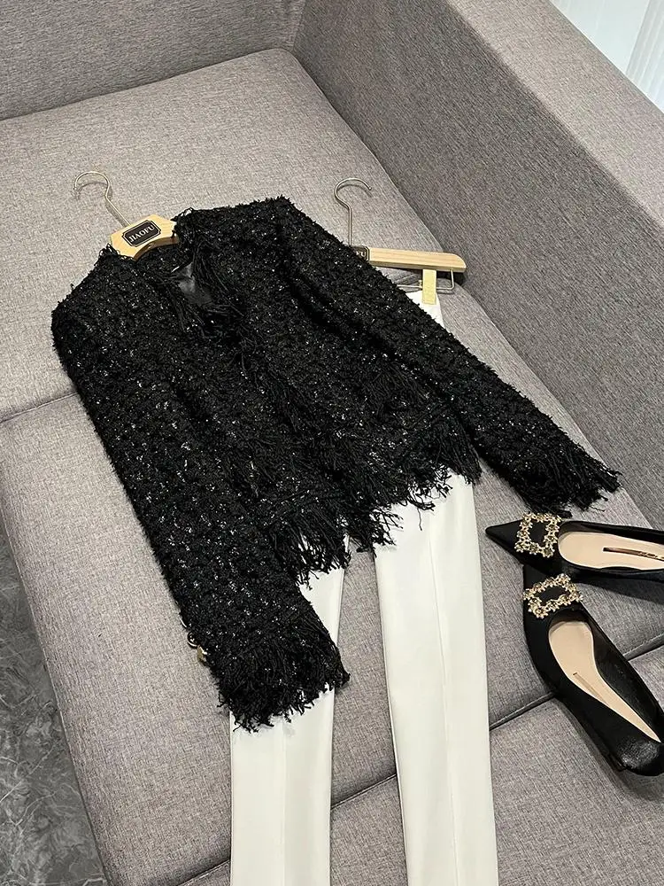 Winter New Bla iny Tead Thiened Tweed Fringe ket Women's Open Cardigan Decorative Outerwear ort Length Long Sve
Winter New Bla iny Tead Thiened Tweed Fringe ket Women's Open Cardigan Decorative Outerwear ort Length Long Sve