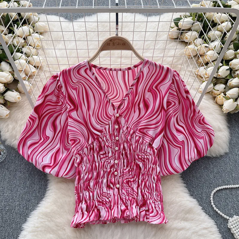 Sweet Gentle Bead Puff Sleeve Printed Short Shirt Women's Summer Slim Fit Slim and Fashionable Top blouses
Sweet Gentle Bead Puff Sleeve Printed Short Shirt Women's Summer Slim Fit Slim and Fashionable Top blouses