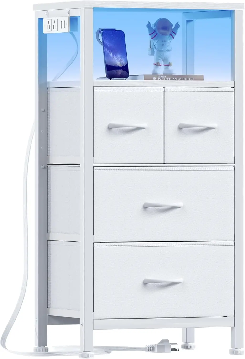 4 Drawer Dresser with Led Light and Charging Station, White Night Stand with Storage Shelf and Fabric
4 Drawer Dresser with Led Light and Charging Station, White Night Stand with Storage Shelf and Fabric