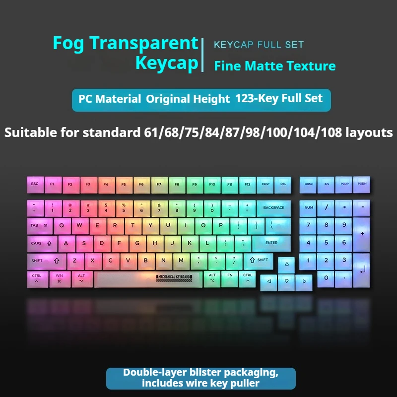 Keycap Fog Transparent Customized Ergonomic Silky Touch 123 Keys Front And Side Engraved PC Transparent Material Cherry Profile
Keycap Fog Transparent Customized Ergonomic Silky Touch 123 Keys Front And Side Engraved PC Transparent Material Cherry Profile