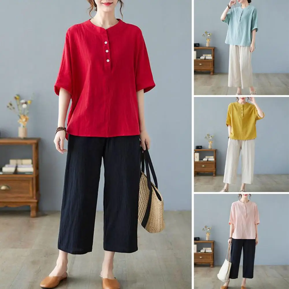 Polyester Fiber Outfit Stylish Women's Two-piece Set with 3/4 Sleeve Blouse Crew Neck Button Top Wide Leg Pants Summer
Polyester Fiber Outfit Stylish Women's Two-piece Set with 3/4 Sleeve Blouse Crew Neck Button Top Wide Leg Pants Summer