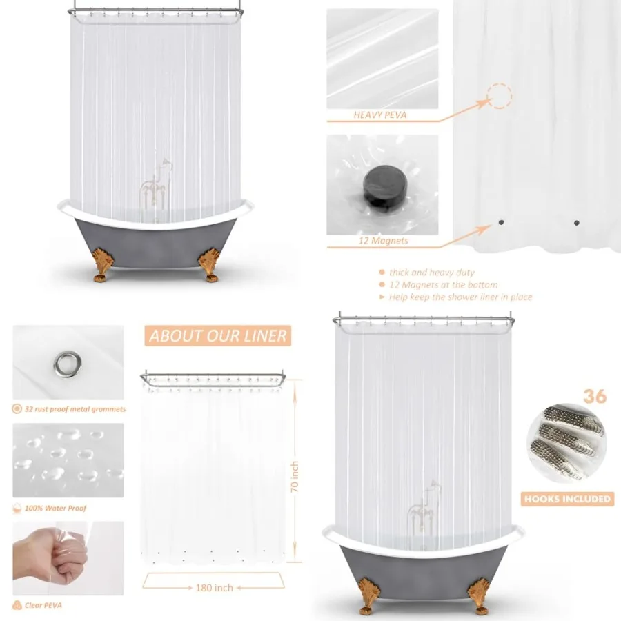 Clawfoot Tub Shower Curtain or Liner with 12 Magnets - Free 36 Hooks Included, Waterproof PEVA, 180 x 70, Clear
Clawfoot Tub Shower Curtain or Liner with 12 Magnets - Free 36 Hooks Included, Waterproof PEVA, 180 x 70, Clear