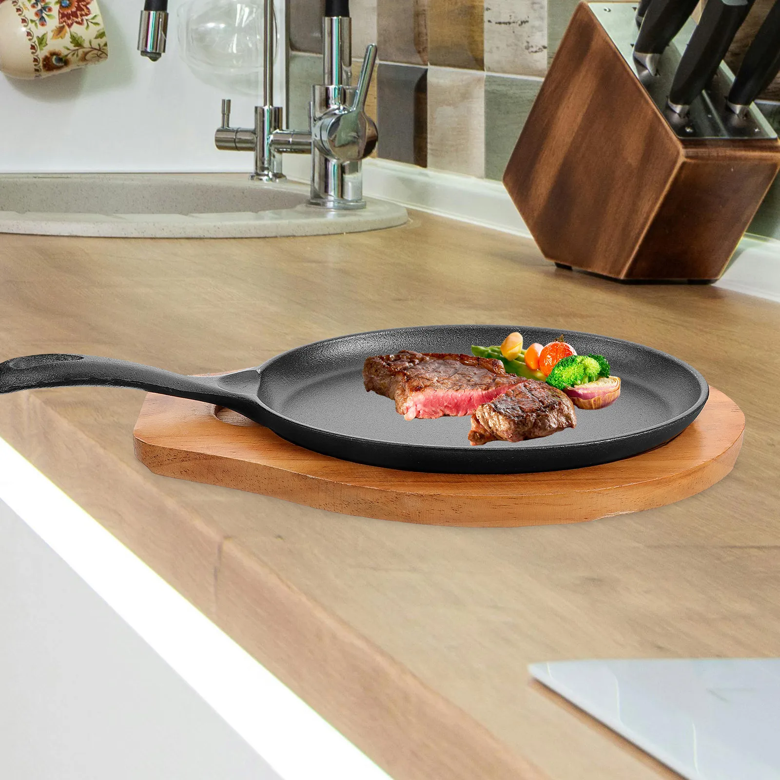 1 Set Cast Iron Frying Pan Skillet Handle Steak Egg Non-Stick Kitchen Cookware Wood Base Baking Plate Pancake Crepe Sizzling 
1 Set Cast Iron Frying Pan Skillet Handle Steak Egg Non-Stick Kitchen Cookware Wood Base Baking Plate Pancake Crepe Sizzling