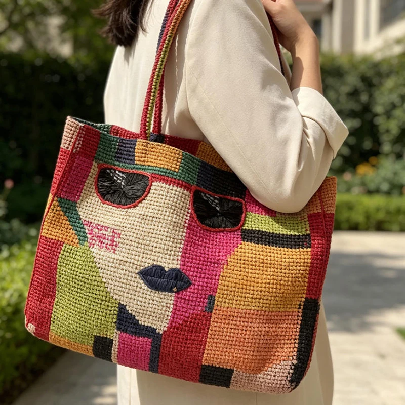 Abstract Face Straw Woven Tote Bag,Handmade Crochet Colorblock Shoulder Bag For Women,Summer Large Capacity Beach Boho Handbag
Abstract Face Straw Woven Tote Bag,Handmade Crochet Colorblock Shoulder Bag For Women,Summer Large Capacity Beach Boho Handbag