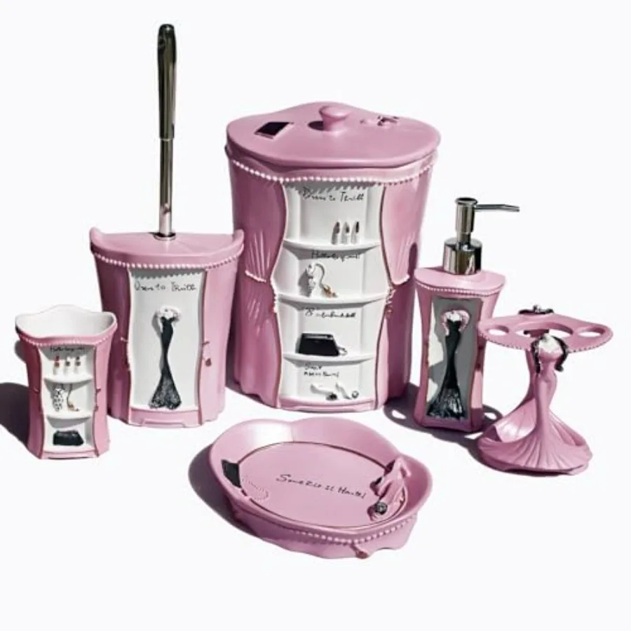6 PCS Pink Bathroom Accessories Set with Soap Dispenser Soap Dish Tumbler Toothbrush Holder Trash Can Toilet Brush for Girl's B
6 PCS Pink Bathroom Accessories Set with Soap Dispenser Soap Dish Tumbler Toothbrush Holder Trash Can Toilet Brush for Girl's B