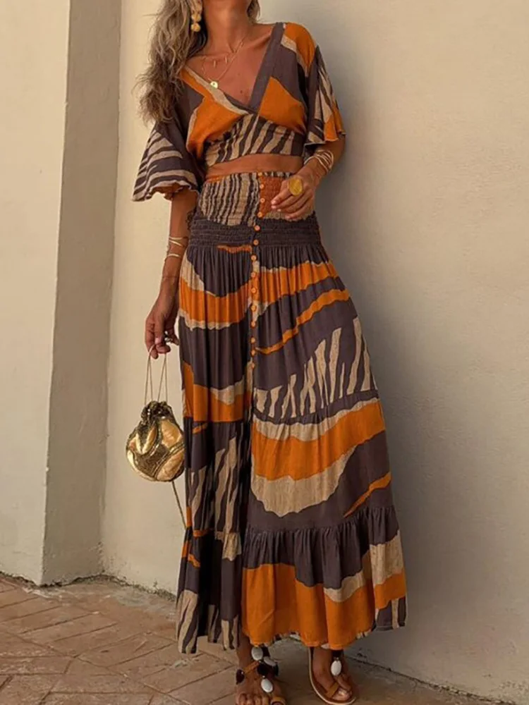 Elastic Waist Maxi Skirts Short Top Matching Sets, Women Summer Printing Fashion 2PCS Outfit, Sexy V-Neck Elegant Ladies Suits
Elastic Waist Maxi Skirts Short Top Matching Sets, Women Summer Printing Fashion 2PCS Outfit, Sexy V-Neck Elegant Ladies Suits