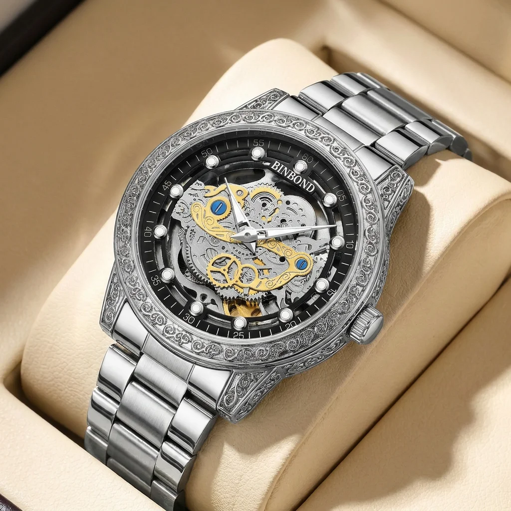 1pcs Fashion Hollow Mechanical Watch, Engraved Bezel, Metal Strap, Trendy Men's Wristwatch, Exquisite Design, Daily Comm
1pcs Fashion Hollow Mechanical Watch, Engraved Bezel, Metal Strap, Trendy Men's Wristwatch, Exquisite Design, Daily Comm