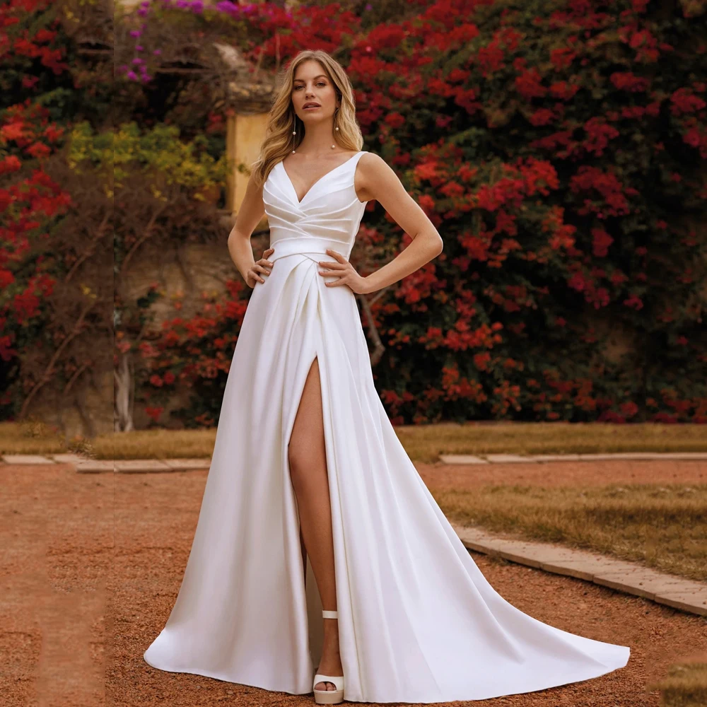 Simple Satin Wedding Dresses V Neck Sleeveless Bridal Gowns Backless Floor Length Front Slit A-Line Vestidos De Novia 2024
Simple Satin Wedding Dresses V Neck Sleeveless Bridal Gowns Backless Floor Length Front Slit A-Line Vestidos De Novia 2024