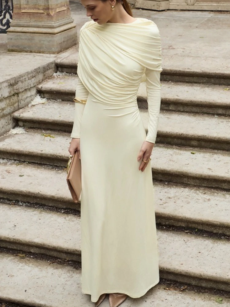 Tossy Fashion Folds Solid Maxi Dress For Women Irregular Crumpled Round Neck Slim Elegant Party Dress Women's Autumn Long Dress
Tossy Fashion Folds Solid Maxi Dress For Women Irregular Crumpled Round Neck Slim Elegant Party Dress Women's Autumn Long Dress