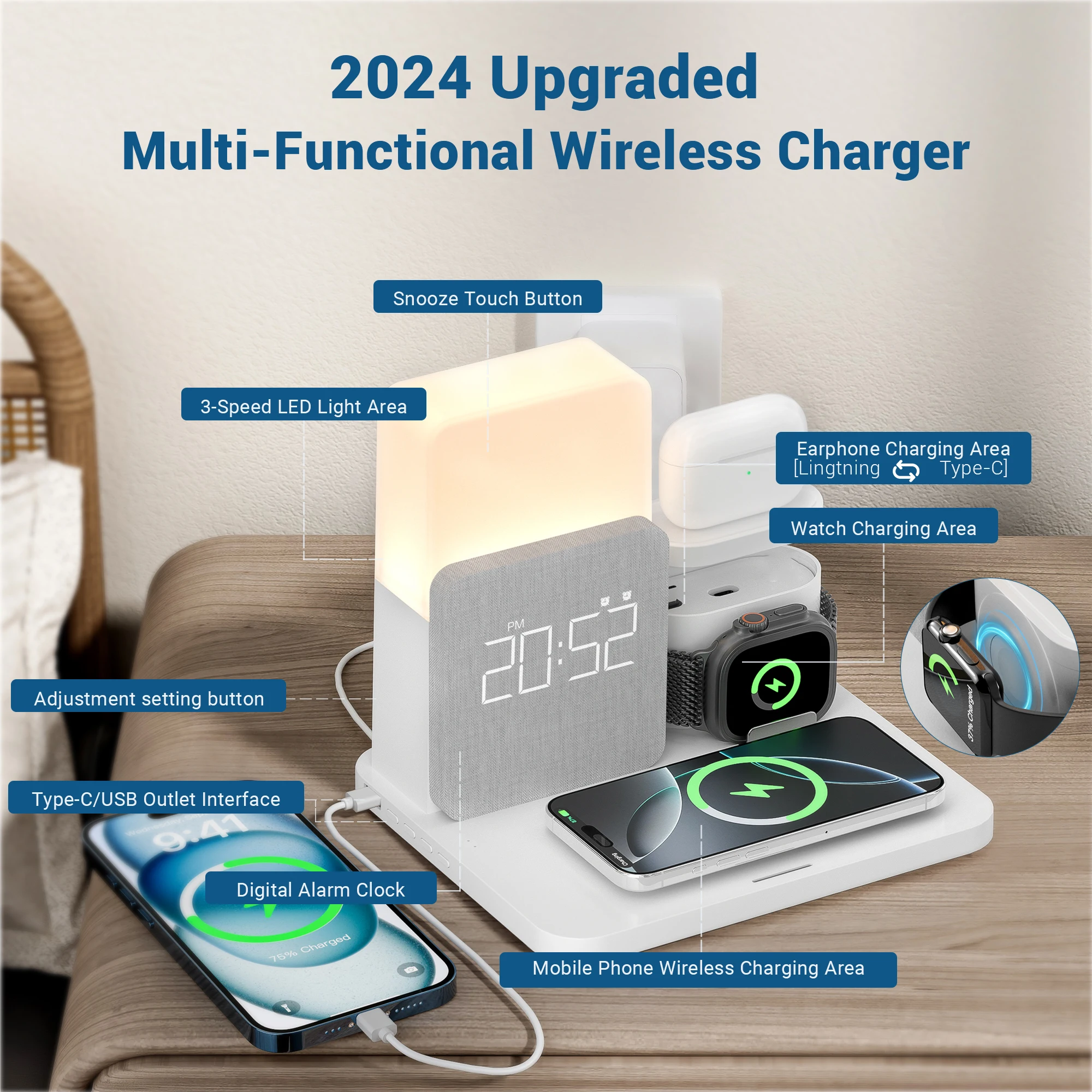 3-in-1 Wireless Charging Alarm Clock for IPhone 12-15/AirPods - Fast Charge Station with LED Display & Bedroom Night Light
3-in-1 Wireless Charging Alarm Clock for IPhone 12-15/AirPods - Fast Charge Station with LED Display & Bedroom Night Light