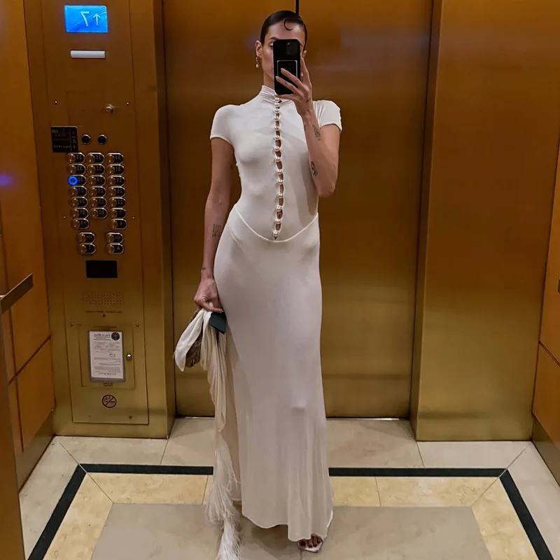 Retro Slim Long Dress Elegant Solid Color Spring Summer Elegant Fashionable Short-sleeved High Collar Hollow High Waist Dresses
Retro Slim Long Dress Elegant Solid Color Spring Summer Elegant Fashionable Short-sleeved High Collar Hollow High Waist Dresses