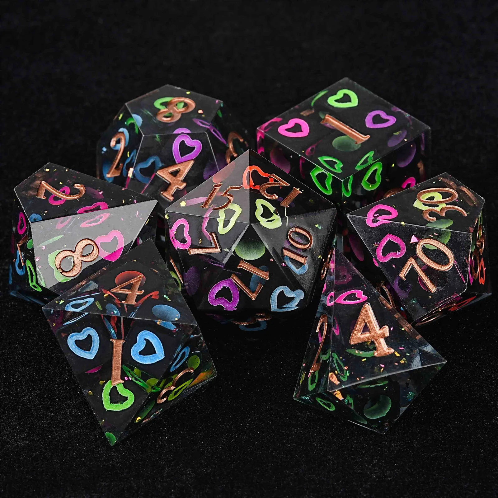 7pcs DND Dice Colorful Love Heart Resin Dice Copper Word Multi-sided Polyhedral Dice for D&D Game COC Role Playing RPG Table
7pcs DND Dice Colorful Love Heart Resin Dice Copper Word Multi-sided Polyhedral Dice for D&D Game COC Role Playing RPG Table