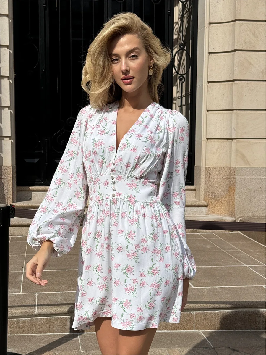 Pink Floral Print Mini Dresses Women Buttons V Neck Lantern Sleeve A-line Vestidos Summer Elegant Fashion Casual Cinched Dress
Pink Floral Print Mini Dresses Women Buttons V Neck Lantern Sleeve A-line Vestidos Summer Elegant Fashion Casual Cinched Dress