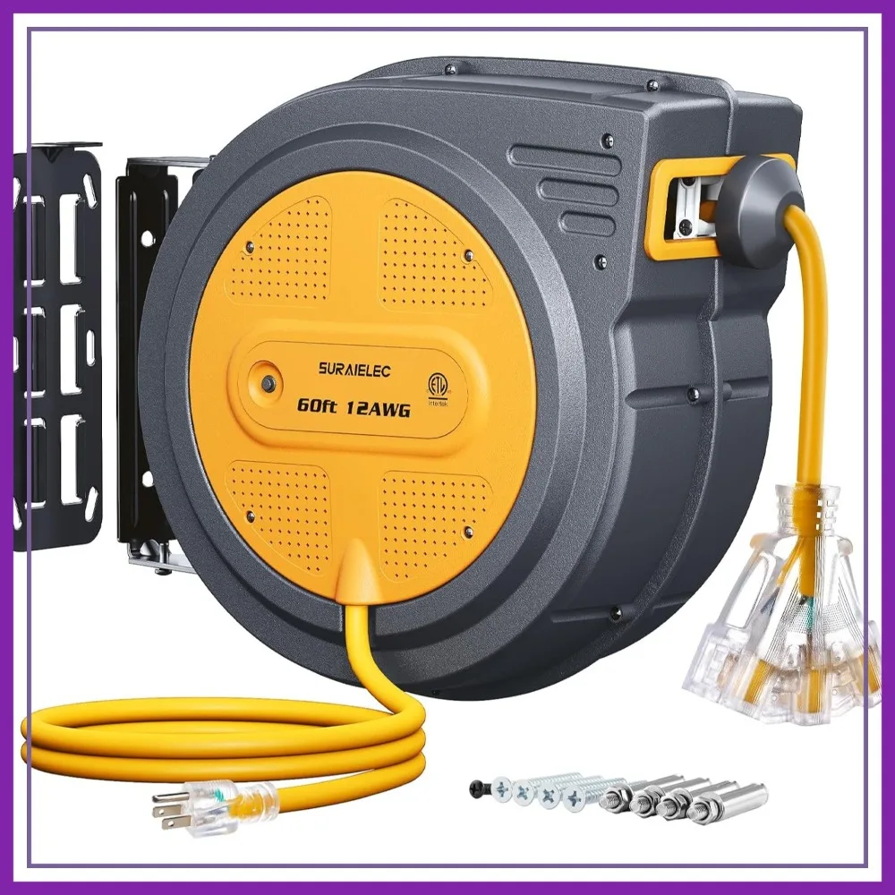60 FT Retractable Extension Cord, 12 AWG/3C SJTOW Heavy Duty Power Cord, 13 AMP Circuit Breaker, Lighted Triple Tap, Ceiling or Wall Mount, ETL Listed
60 FT Retractable Extension Cord, 12 AWG/3C SJTOW Heavy Duty Power Cord, 13 AMP Circuit Breaker, Lighted Triple Tap, Ceiling or Wall Mount, ETL Listed