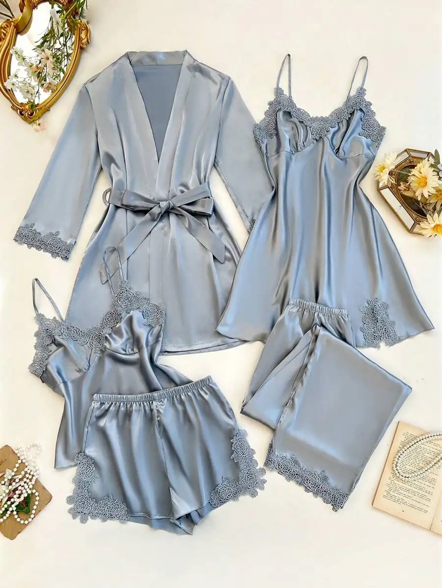 5-Piece Satin Sleepwear Set with Lace Trim: Camisole, Shorts, Pants, Nightgown, Belted Robe
5-Piece Satin Sleepwear Set with Lace Trim: Camisole, Shorts, Pants, Nightgown, Belted Robe