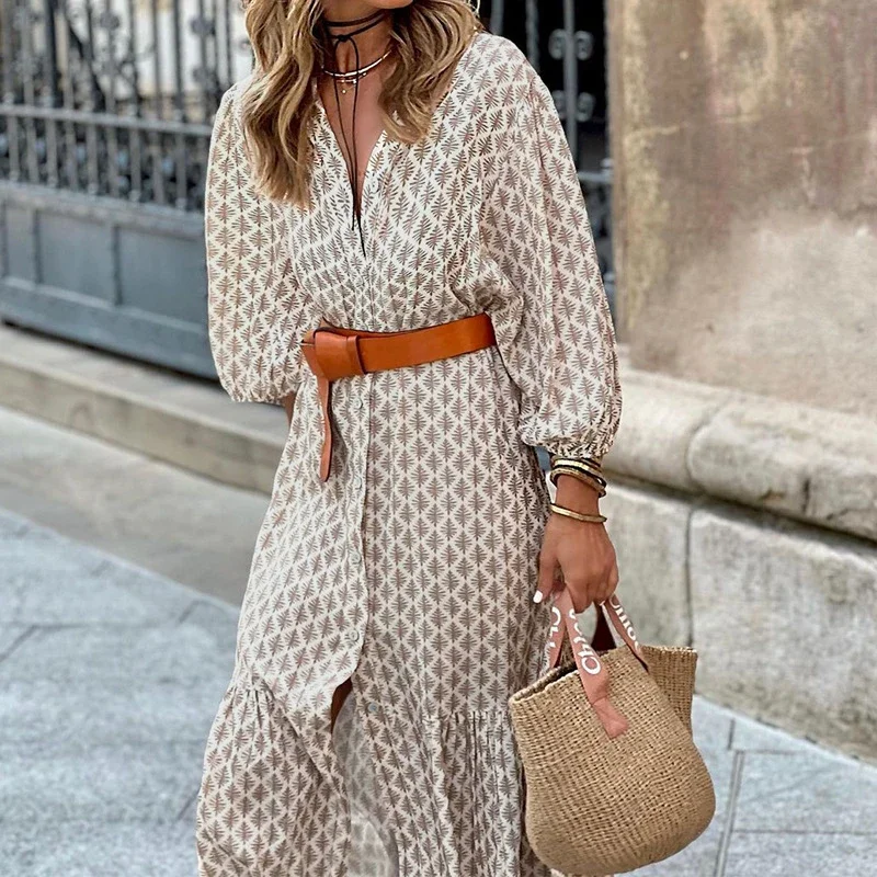 Long Slevee Autumn Fasion Single Breasted Women Vestido Lady Middle Waist A-Line Printed Boho Dresses Casual V-Neck Maxi Dress
Long Slevee Autumn Fasion Single Breasted Women Vestido Lady Middle Waist A-Line Printed Boho Dresses Casual V-Neck Maxi Dress