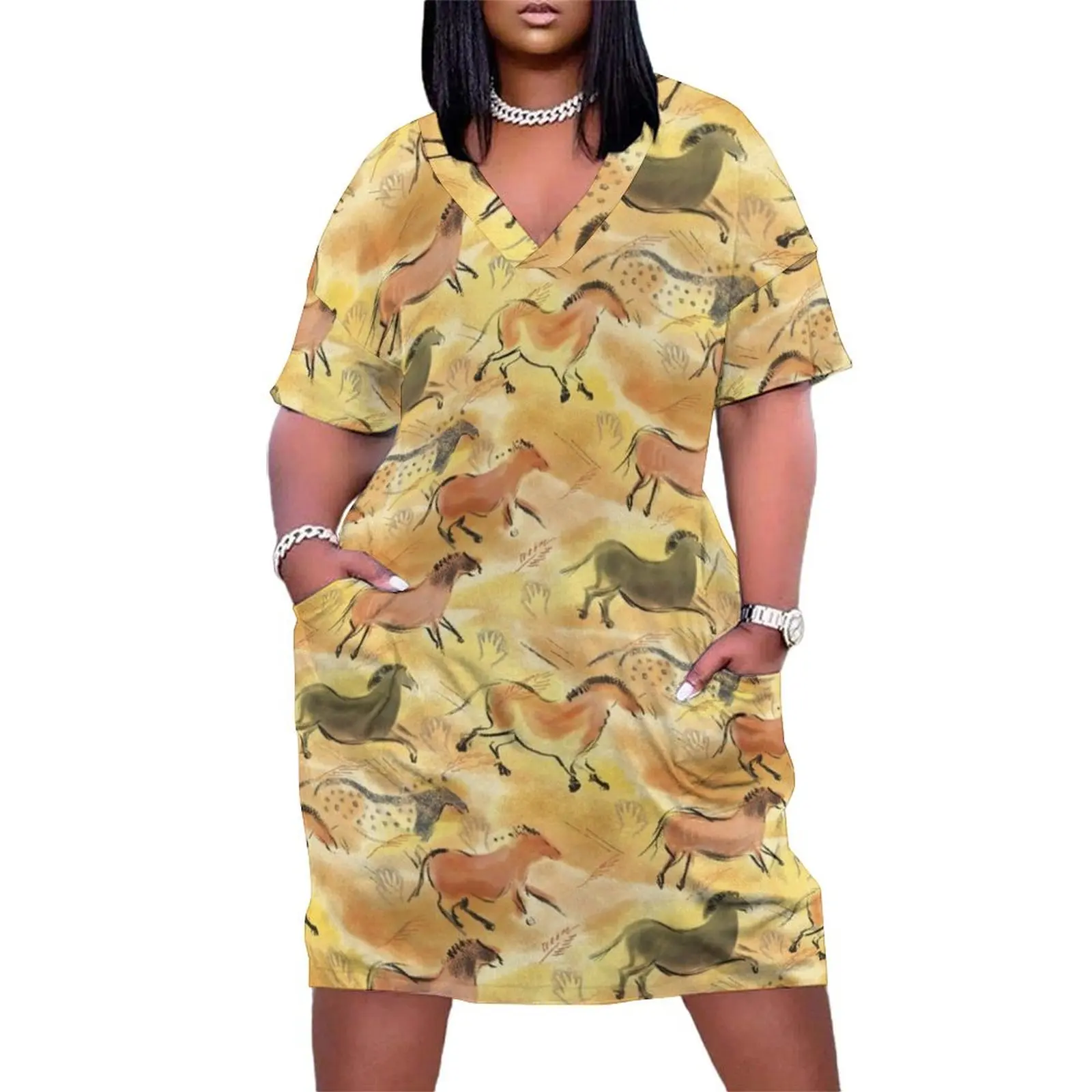 Paleolithic Cave Horses in Sienna Brown Yellow and Black Loose Pocket Dress Long veiled dresses summer dress korean women
Paleolithic Cave Horses in Sienna Brown Yellow and Black Loose Pocket Dress Long veiled dresses summer dress korean women