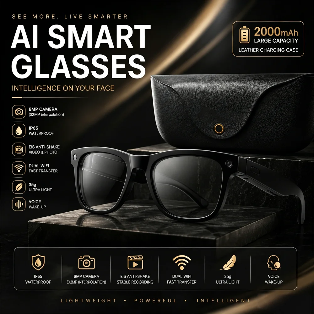 2000Mah Charging Case 2026 Genuine Leather Smart Glasses 8MP HD Lens 3D Music BT Call AI Voice Wake-up AI Translation
2000Mah Charging Case 2026 Genuine Leather Smart Glasses 8MP HD Lens 3D Music BT Call AI Voice Wake-up AI Translation