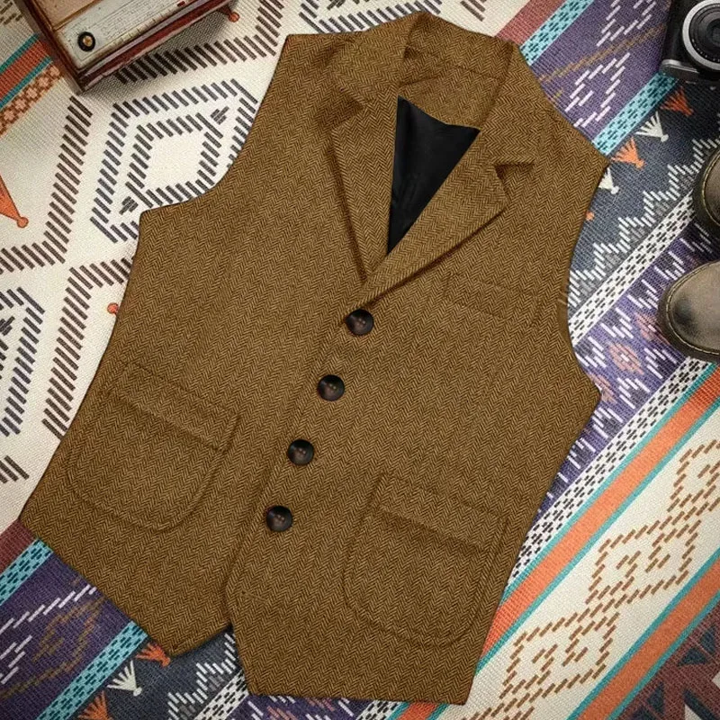 Vintage Men's Brown Herringbone Tweed Vest Wool Notch Lapel Slim Fit Fashion Formal Waistcoat For Business Casual Streetwear
Vintage Men's Brown Herringbone Tweed Vest Wool Notch Lapel Slim Fit Fashion Formal Waistcoat For Business Casual Streetwear