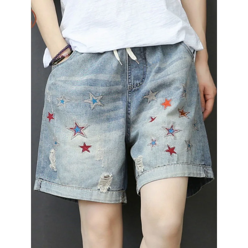 Women Denim Shorts Colorful Star Embroidery Print Elastic Waist Loose Short Jean Pants Female Summer S-3xl Casual Denim Pants
Women Denim Shorts Colorful Star Embroidery Print Elastic Waist Loose Short Jean Pants Female Summer S-3xl Casual Denim Pants