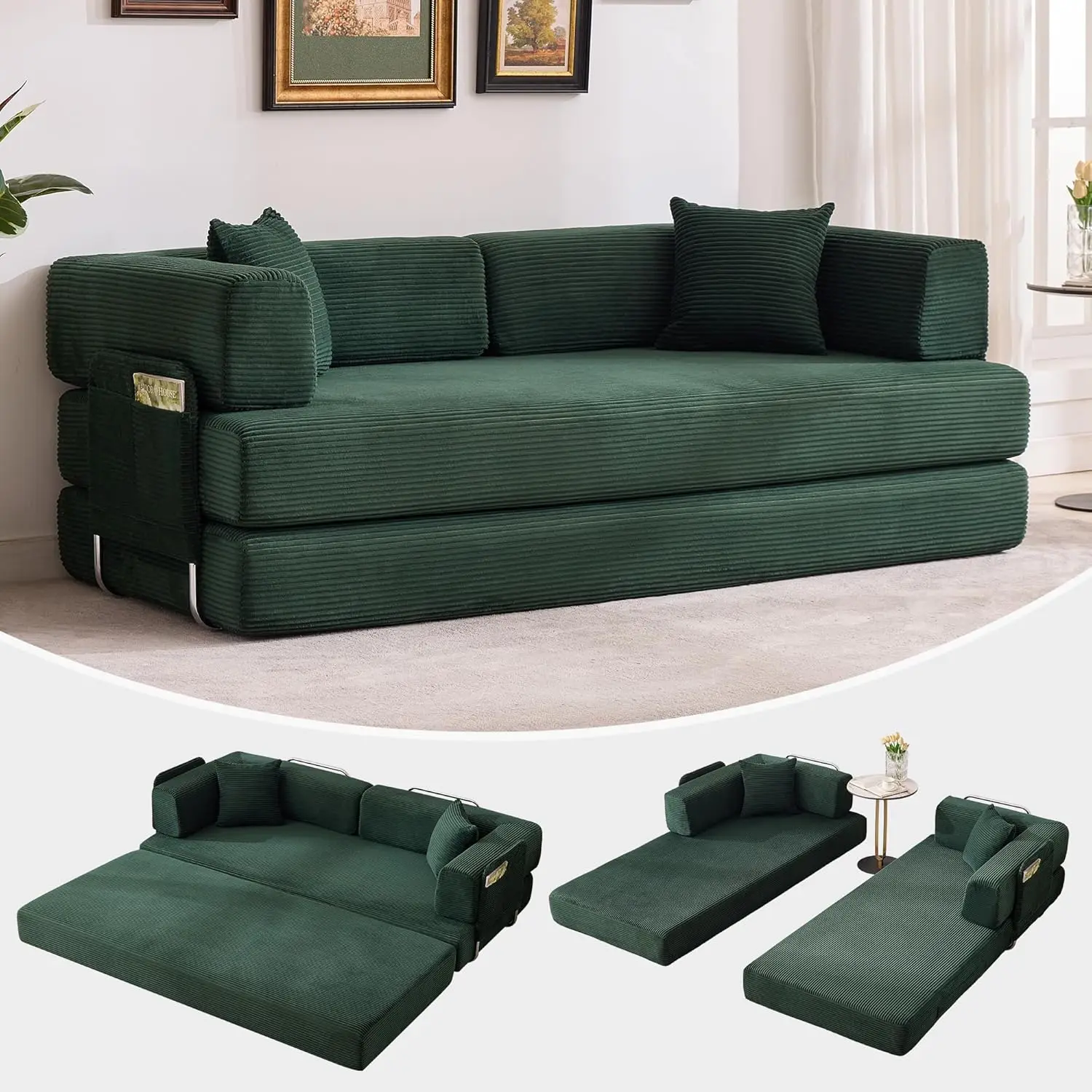 Convertible Sleeper Sofa 5-in-1 Folding Mattress Fixed Frame Pillow Corduroy Living Room 78.8in Dark Green Customized
Convertible Sleeper Sofa 5-in-1 Folding Mattress Fixed Frame Pillow Corduroy Living Room 78.8in Dark Green Customized