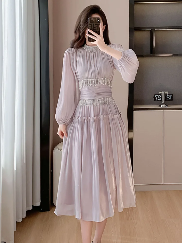 French Women Designer Fashion Organza Stand Collar Party Dress Luxury Spring Diamonds Tassel Ruffles Puff Sleeve Slim Midi Dress
French Women Designer Fashion Organza Stand Collar Party Dress Luxury Spring Diamonds Tassel Ruffles Puff Sleeve Slim Midi Dress