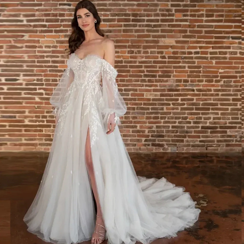 Woman Puffy Full Sleeves Side Silt Bridal Gowns Soft Tulles Elegant Sweetheart Wedding Dresses Customized
Woman Puffy Full Sleeves Side Silt Bridal Gowns Soft Tulles Elegant Sweetheart Wedding Dresses Customized