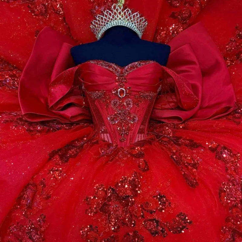 Shiny Red Quinceanera Dress off-shoulder Glitter Lace Ruffle Layering Decal Long tail Bow vestidos de 15 Quinceanera Customize
Shiny Red Quinceanera Dress off-shoulder Glitter Lace Ruffle Layering Decal Long tail Bow vestidos de 15 Quinceanera Customize