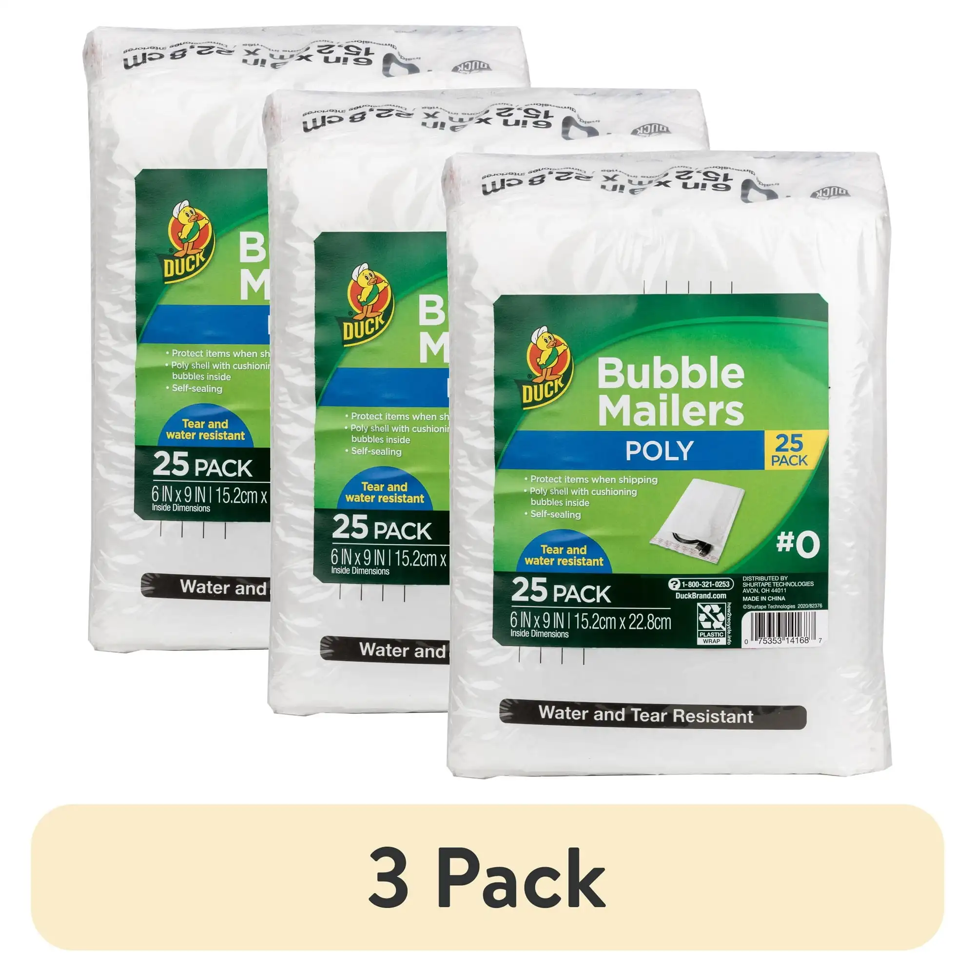 (3 pack) Duck Max Strength Self-Sealing Poly Bubble Mailer #0, 6" x 9", Solid White, 25 Pack
(3 pack) Duck Max Strength Self-Sealing Poly Bubble Mailer #0, 6" x 9", Solid White, 25 Pack