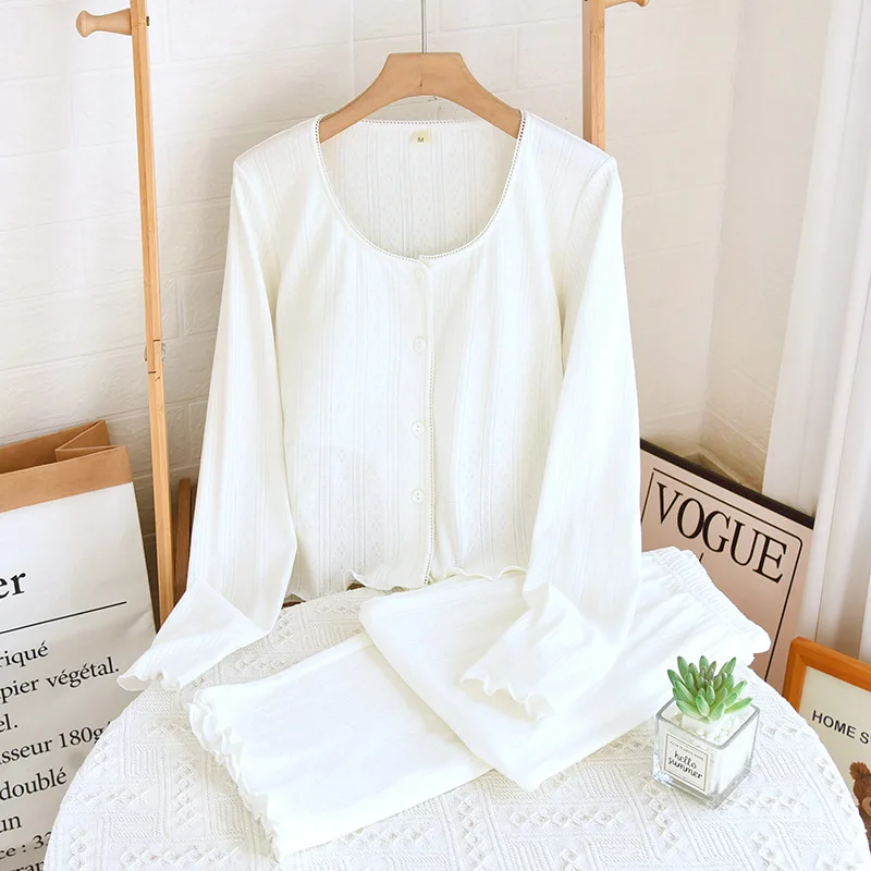 Women Pure Cotton Sleepwear White Open Cardigan with Chest Pad Spring Summer Long Sleeve Thin Knitted Two-Piece Set Home Clothes
Women Pure Cotton Sleepwear White Open Cardigan with Chest Pad Spring Summer Long Sleeve Thin Knitted Two-Piece Set Home Clothes