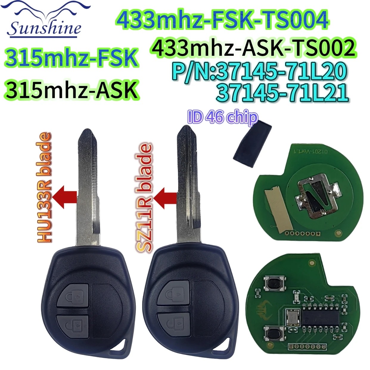 Sunshine 433MHz /315Mhz ASK/FSK ID46 Chip Car Remote Key for Suzuki Swift SX4 ALTO Vitara Grand Vitara Ignis JIMNY Splash Fob
Sunshine 433MHz /315Mhz ASK/FSK ID46 Chip Car Remote Key for Suzuki Swift SX4 ALTO Vitara Grand Vitara Ignis JIMNY Splash Fob