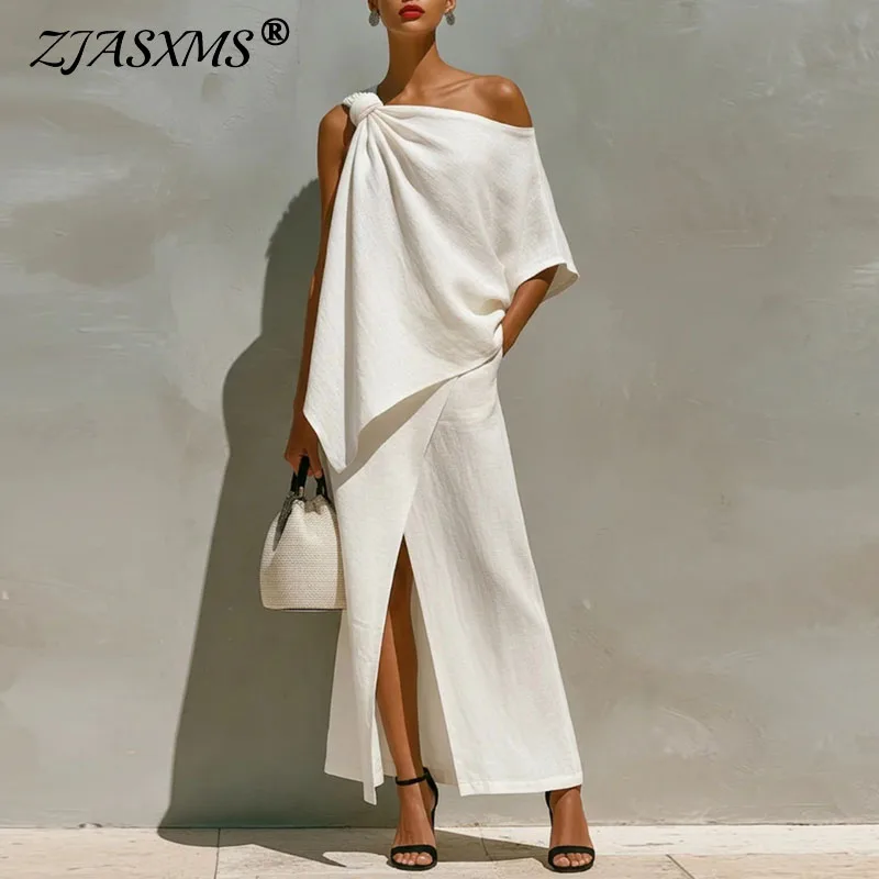 Summer Irregular Solid Two Piece Set Women One Shoulder Knotted Top & High Slit Maxi Skirt Suit Elegant Casual Vacation Outfits
Summer Irregular Solid Two Piece Set Women One Shoulder Knotted Top & High Slit Maxi Skirt Suit Elegant Casual Vacation Outfits
