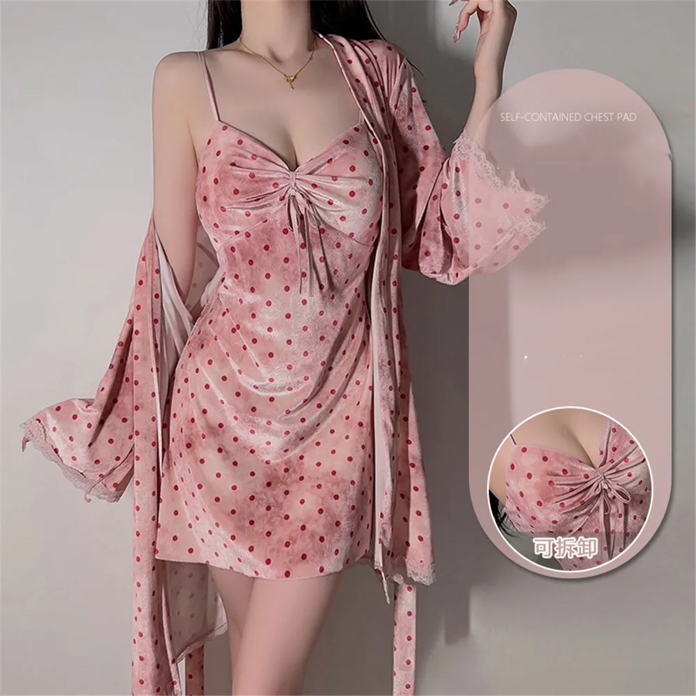 Women Velvet Robe Nightdress Set Print Polka Dot Velour Bathrobe Kimono Sexy Lace Suspender Nightgown Home Wear
Women Velvet Robe Nightdress Set Print Polka Dot Velour Bathrobe Kimono Sexy Lace Suspender Nightgown Home Wear